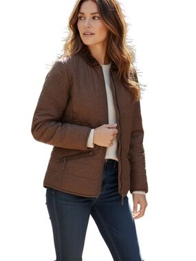 Woolrich quilted jacket brown teddy  maroon brown zip up closure pockets Small